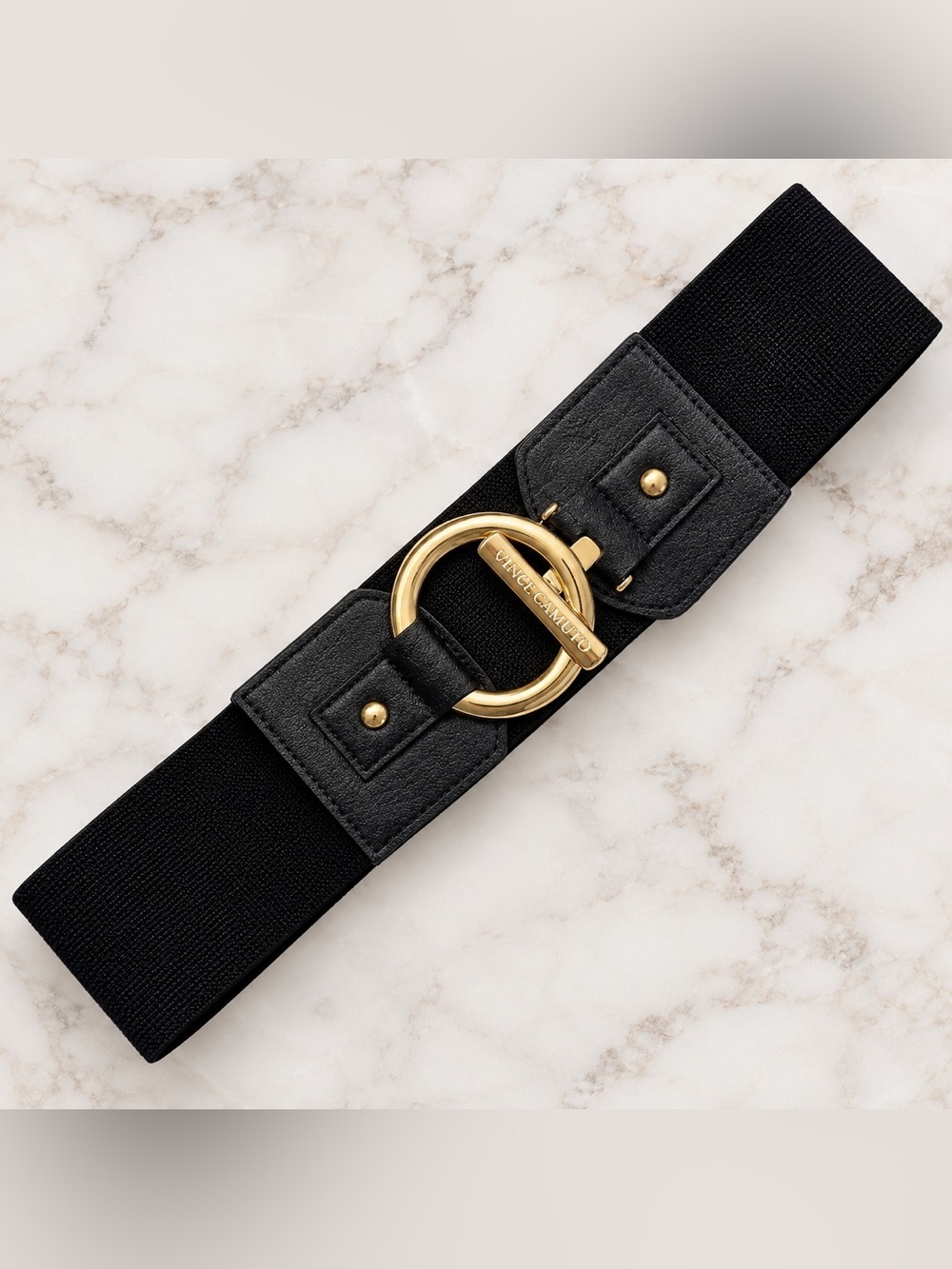Vince Camuto Black Stretch Waist Belt Gold Ring Buckle S/M